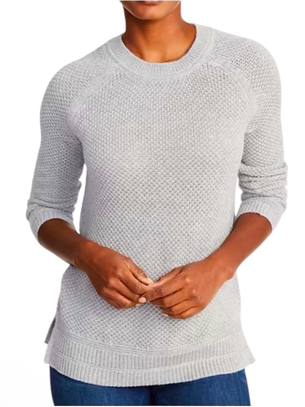 GAP Bella Crewneck Knit Sweater Gray Lightweight Waffle Top Medium - Picture 15 of 16